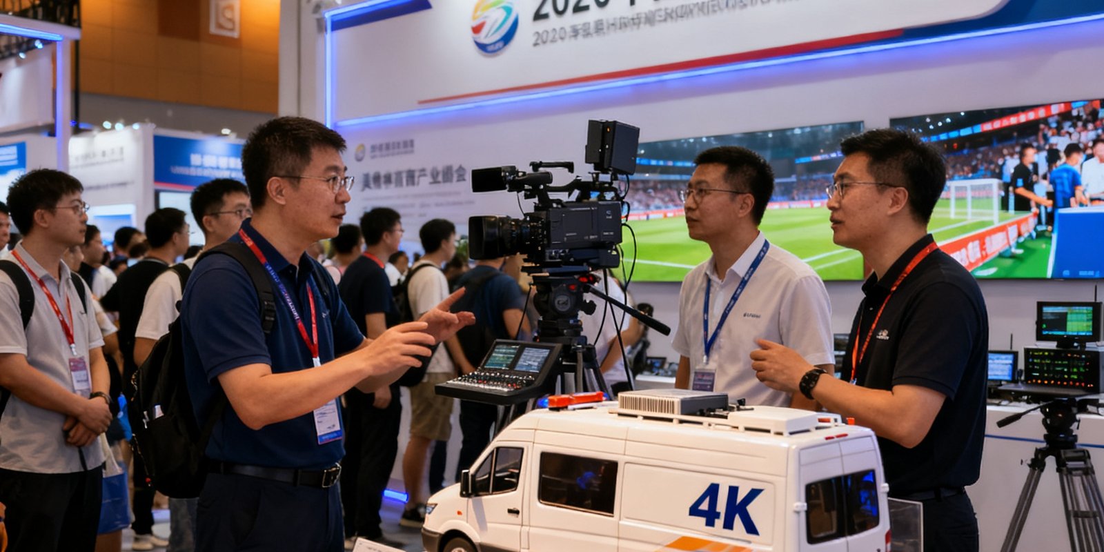 2024中国体育产业峰会现场，美狮贵宾会的特装展台前人头攒动，工作人员正向参观者介绍赛事直播设备，展台中央摆放着4K转播车模型